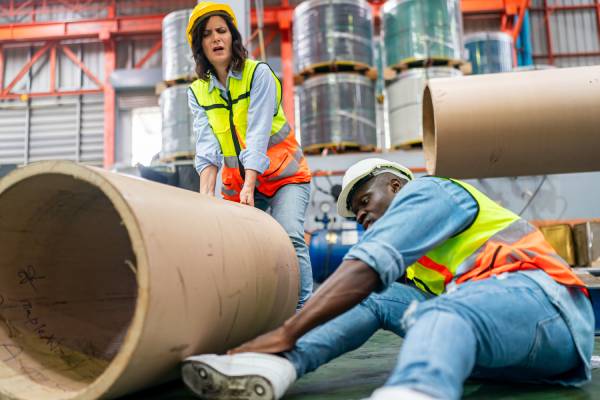 Person lying on the floor after a slip and fall accident at a workplace